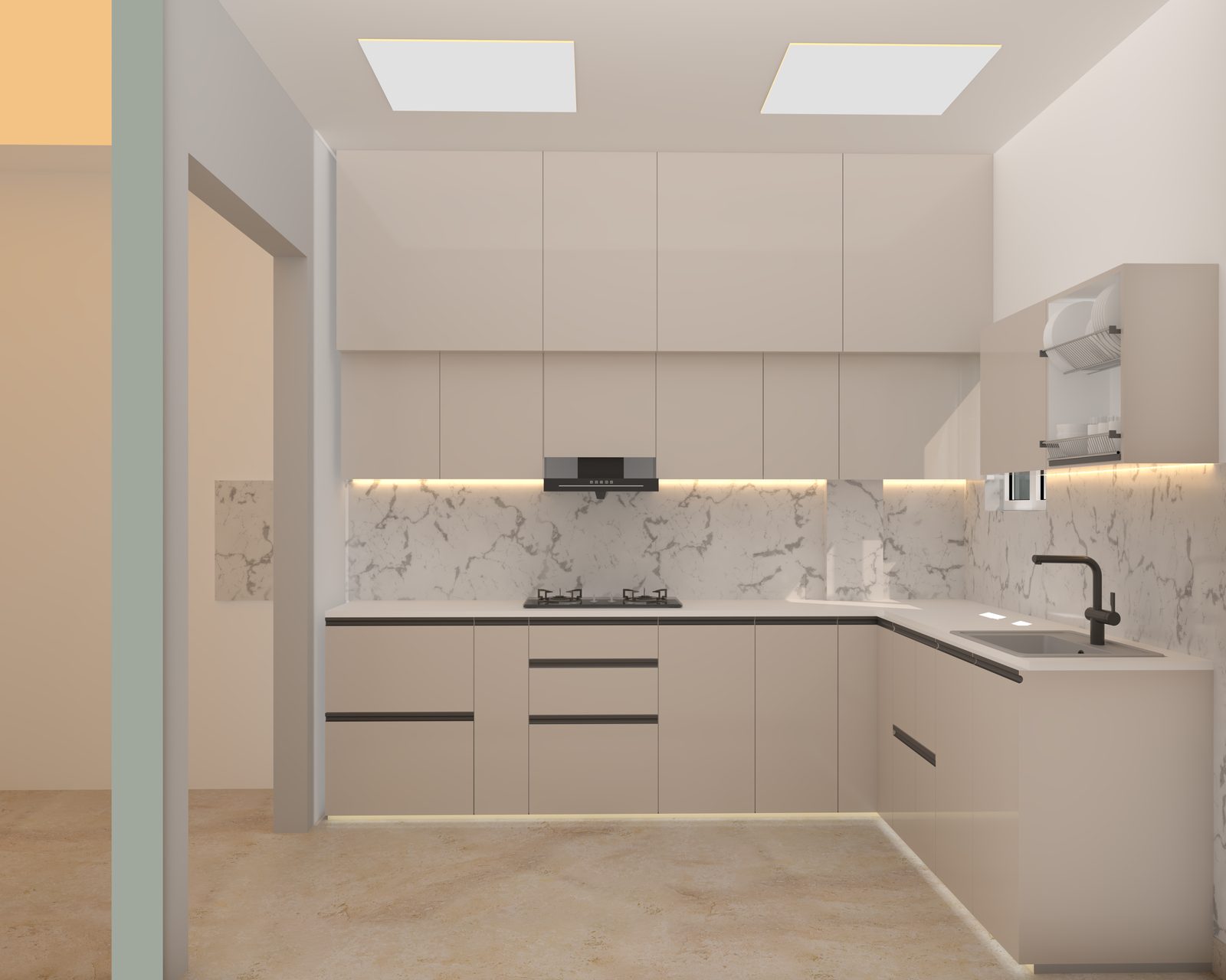 Beige U-shaped modular kitchen with marble backsplash and tall units