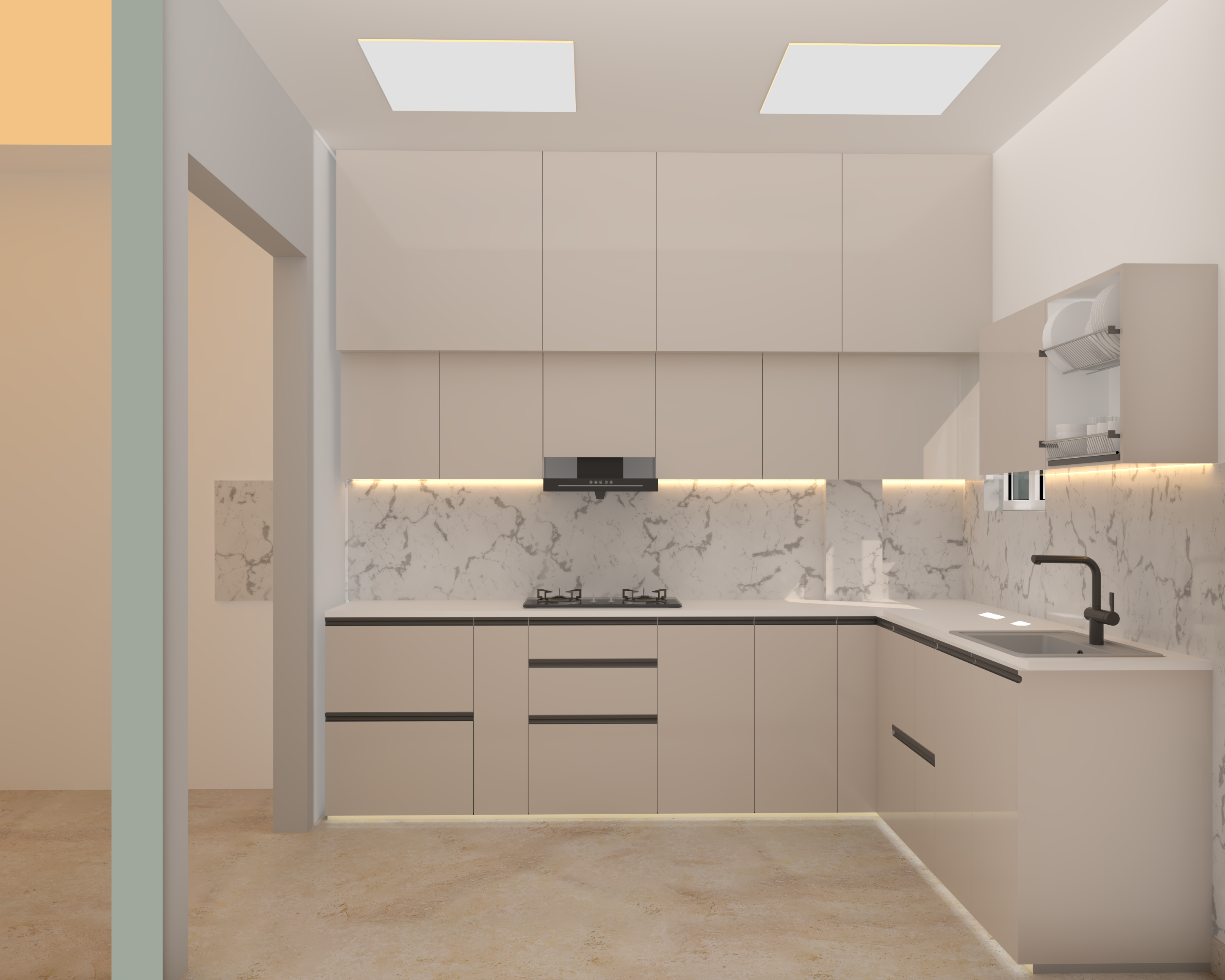 Beige U-shaped modular kitchen with marble backsplash and tall units