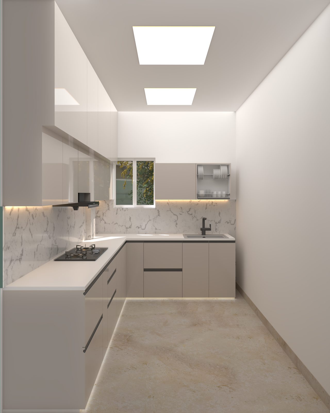 L-shaped white gloss modular kitchen with marble backsplash