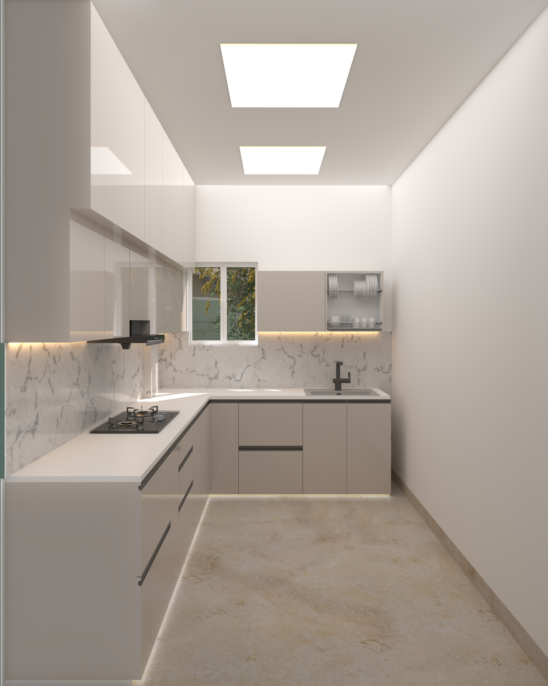 L-shaped white gloss modular kitchen with marble backsplash